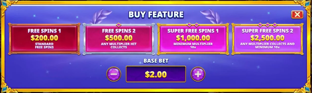 Gates of Olympus 2500 Buy Feature menu with Free Spins 1 and 2 and Super Free Spins 1 and 2 at a 2.00 base bet