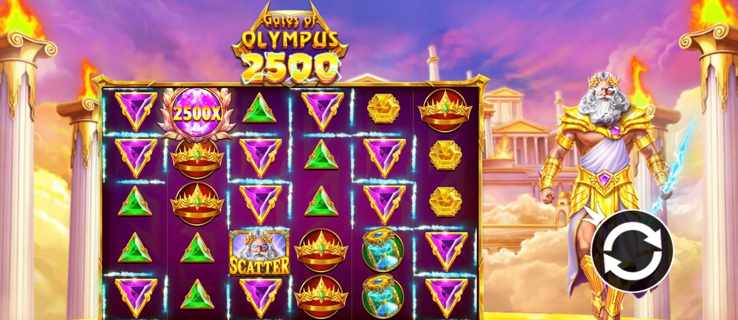 Gates of Olympus 2500 grid with a 2500x multiplier orb, a scatter and Zeus on the right