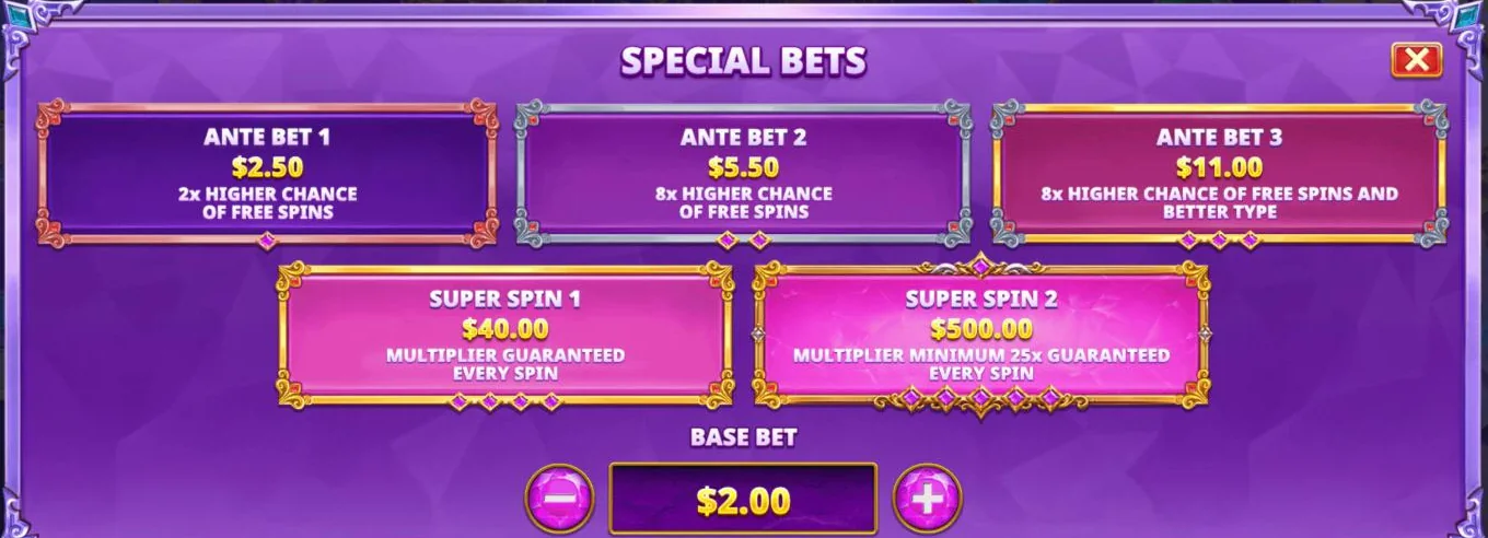 Gates of Olympus 2500 Special Bets menu: three ante bets and two Super Spins at a 2.00 base bet