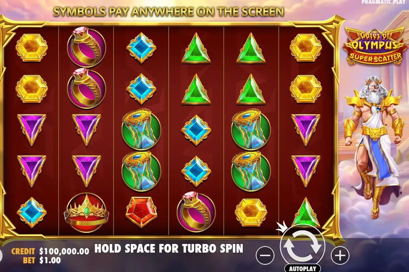 Gates of Olympus Super Scatter base game grid with Zeus on the right