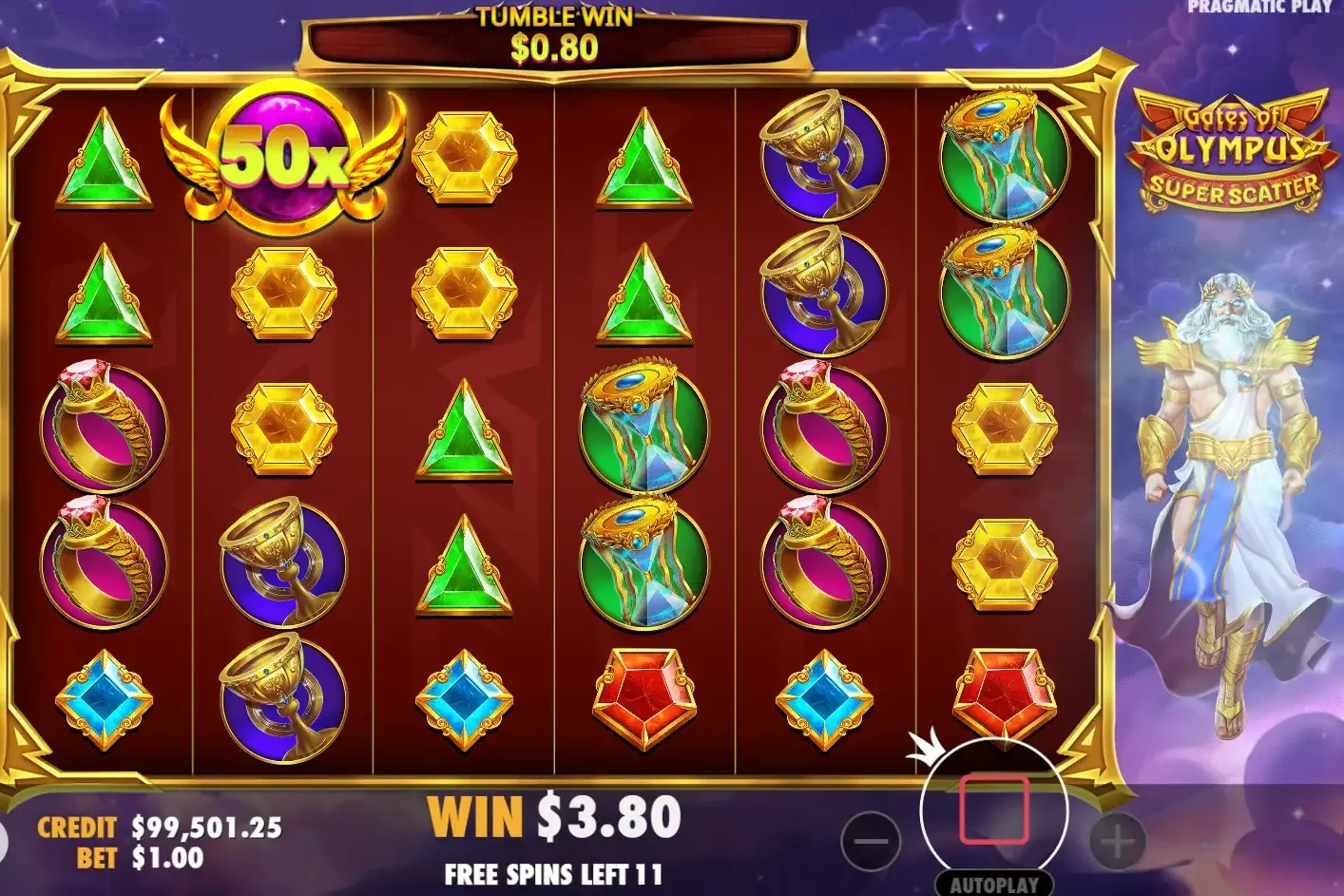 Gates of Olympus Super Scatter free spins with a 50x multiplier orb and 11 spins left