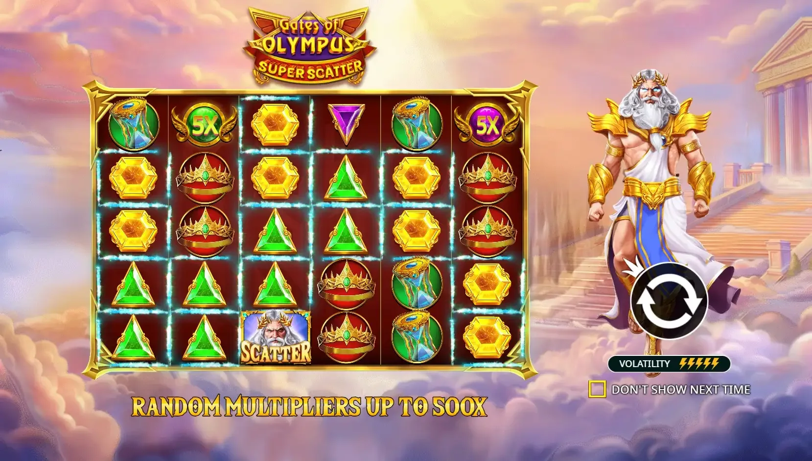 Gates of Olympus Super Scatter intro screen with Zeus and random multipliers up to 500x