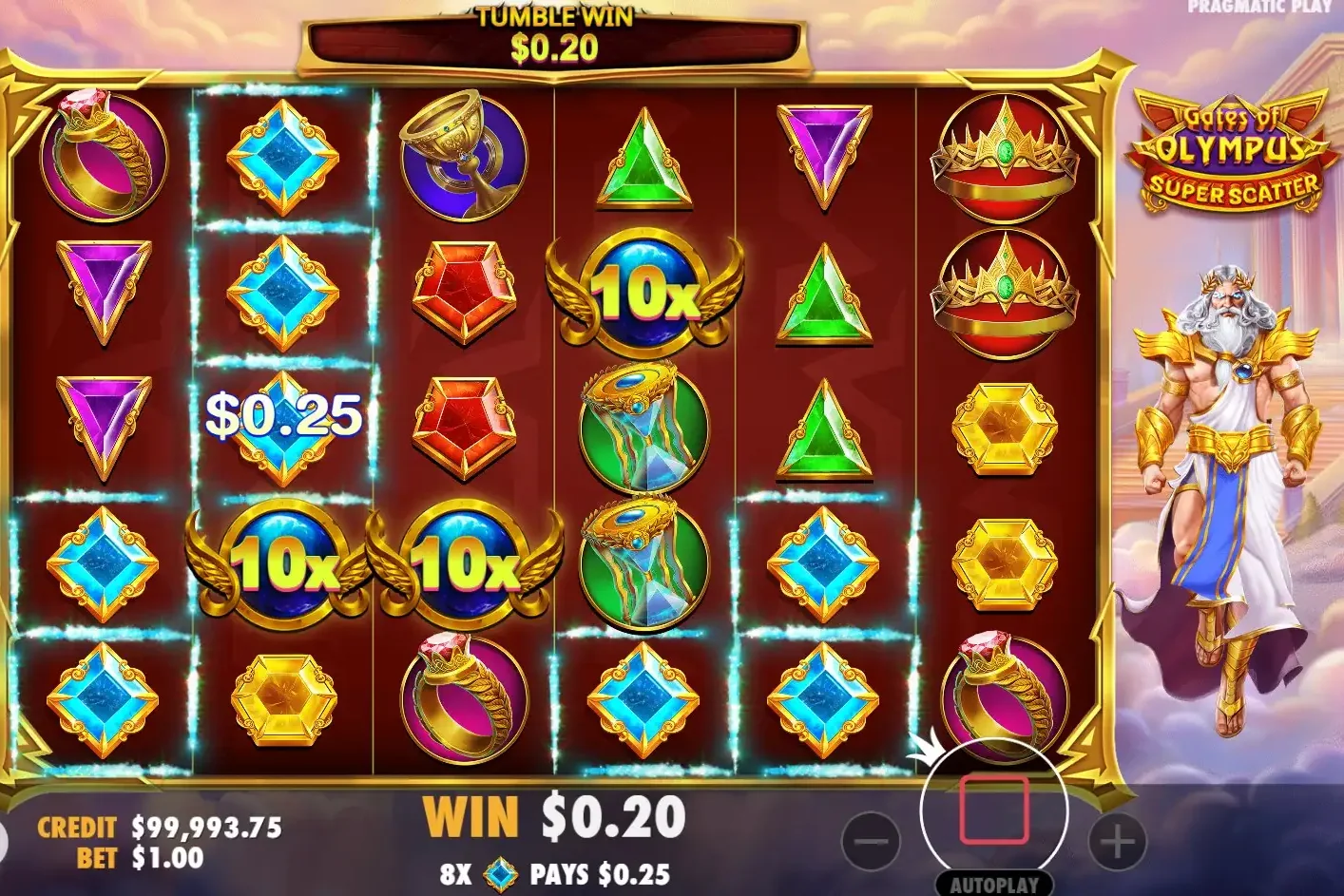 Three 10x multiplier orbs landing during a tumble in Gates of Olympus Super Scatter