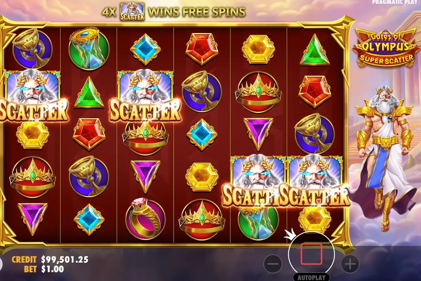 Four scatter symbols with Zeus landing to trigger free spins in Gates of Olympus Super Scatter